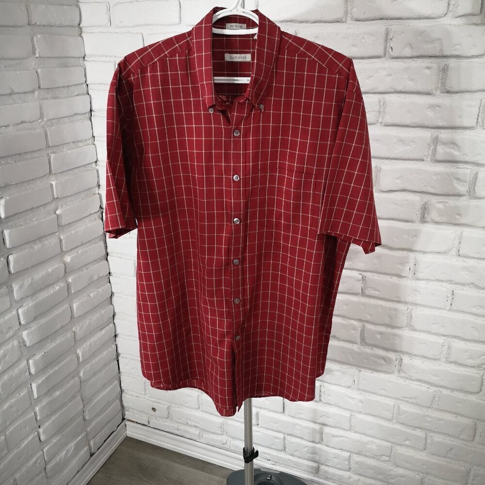 Van Heusen Men's Size Large (16-16 1/2) Red & Cream Plaid No Iron Shirt